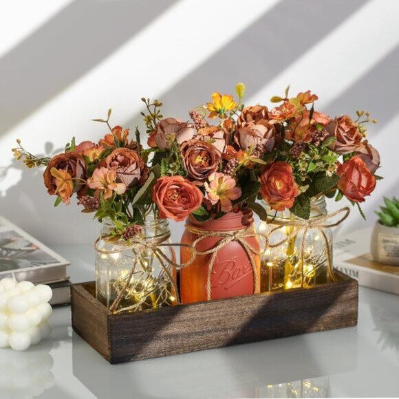 New 3-Piece Mason Jar Centerpiece for Dining Table with LED Lights for Decor
